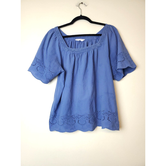 Lucky Brand Large Peasant Top Boho Eyelet Lace Blue Flutter Sleeve EMBROIDERY - Picture 9 of 9
